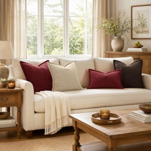 MIULEE Burgundy 18x18 Corduroy Throw Pillow Covers Set of 2