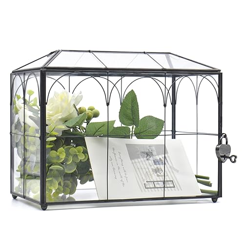 Large Black Glass Wedding Card Box with Lock and Slot - Vintage Reception Envelope Holder