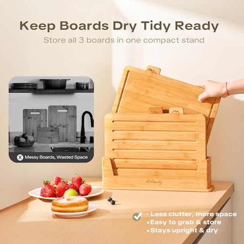 Natural Bamboo Cutting Board Set with Holder - Extra Large Kitchen Chopping Boards, 3 Piece