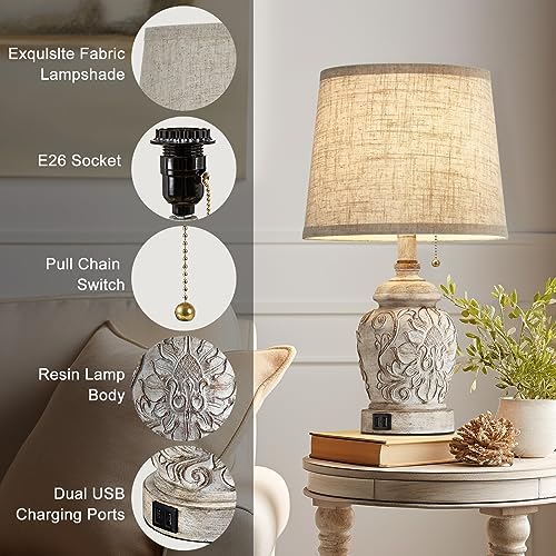 19.5" Vintage Rustic Farmhouse Table Lamps Set of 2 with Pull Chain & USB Ports, White Finish