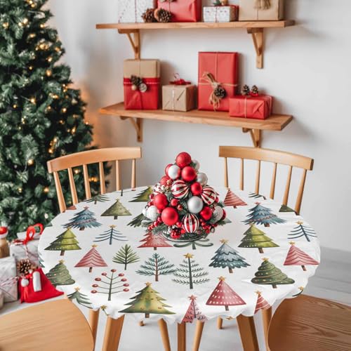 55-60in Round Fitted Christmas Tablecloth with Elastic Edge Waterproof White Tree Pattern