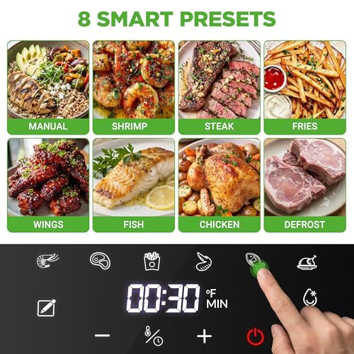 NutriChef White 5.8 Quart Glass Air Fryer with 8-In-1 Digital Presets, Compact Stainless Steel Design