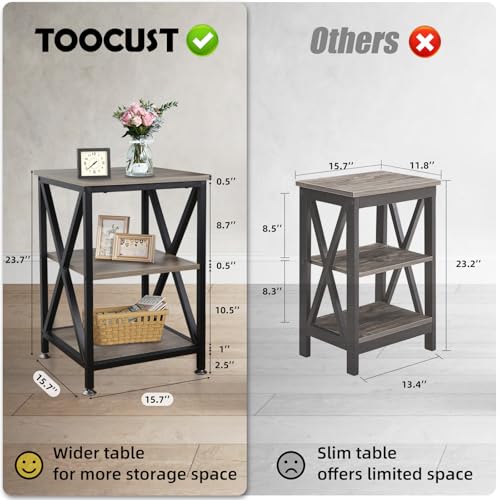 Set of 2 End Tables for Living Room - 16 x 16 x 24 Inches with Storage Shelf, Farmhouse Style, X-Shaped Night Stands