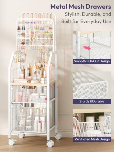 White Rolling Jewelry & Makeup Organizer Cart with Large Drawer - Metal