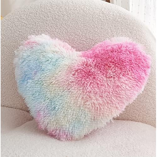 MOOWOO Rainbow Fluffy Heart Pillow,Valentines Day Decor Faux Fur Throw Pillow,Sherpa Plush Shaggy, Girl Room Decor,Heart Shape for Mothers Day,Christmas Decorations(Colorful)