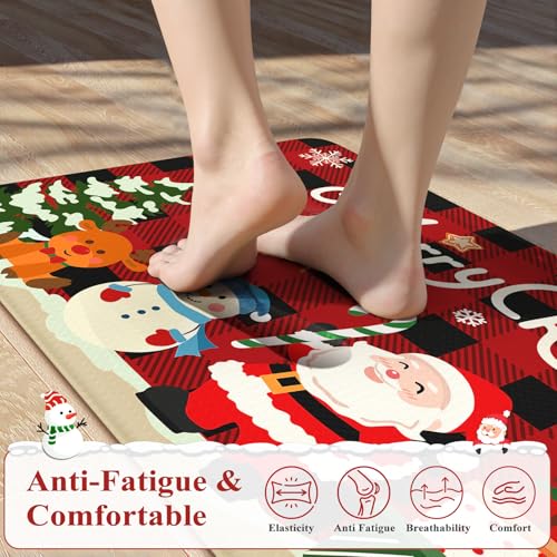 Sungea Christmas Kitchen Anti-Fatigue Mat Set of 2, Santa & Buffalo Plaid Farmhouse Rugs, Non-Slip 17.3x29