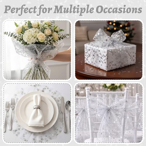 3 Pcs Silver Star Table Runners - Glitter Chiffon Organza 11x118in (28x300cm) Set