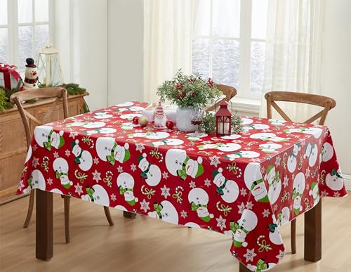 Newbridge 70 x 52 Inch Christmas Red Snowman Tablecloth with Flannel Backing