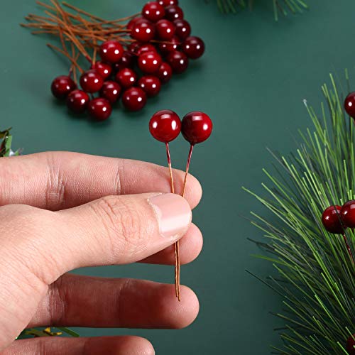 BBTO 100 Pcs Artificial Holly Berries (Dark Red, Red) on Wire Stems for Christmas Decor