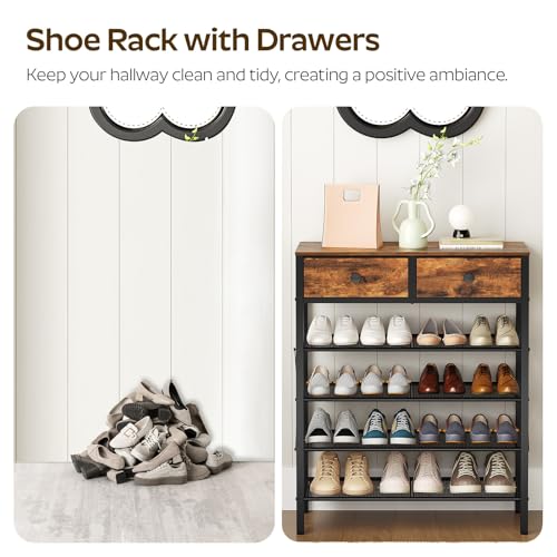 YATINEY 5-Tier Shoe Rack with Drawers, Rustic Brown & Black, 27.7" x 10.8" x 37.7"