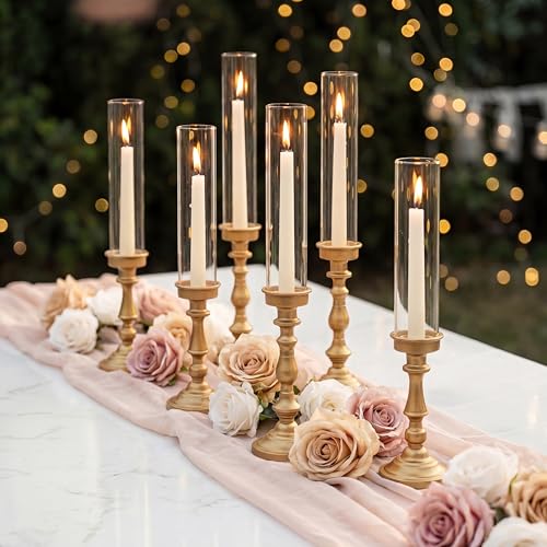 Set of 6 Gold Hurricane Candle Holders with Glass Shades - Vintage Taper Holders