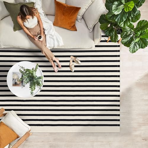 Black and Beige Striped Outdoor Rug - 4x6 Washable Porch Mat - Light Beige/Black Stripe