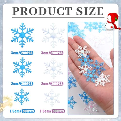1600 Pieces 3 Size Snowflake Confetti Christmas Snowflake Glitter Confetti Table Decor for Winter Xmas Party Wonderland Party Supplies DIY Craft(White, Blue)