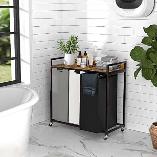 Herture 3-Bag Laundry Sorter with Shelves, 60L Capacity, Rustic Brown - Removable Bags & Wheels