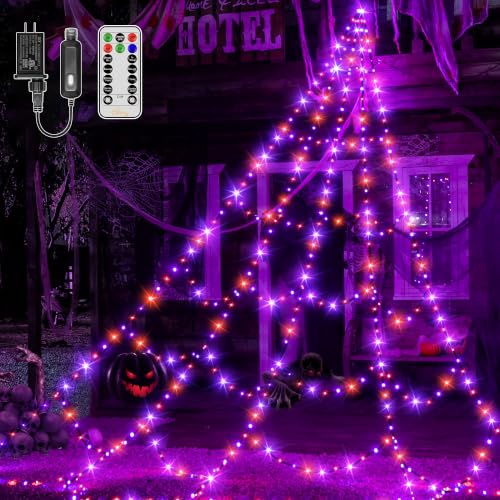 Halloween Spider Web String Lights Outdoor 454 LED Orange & Purple - 17.4FT with Remote & Timer