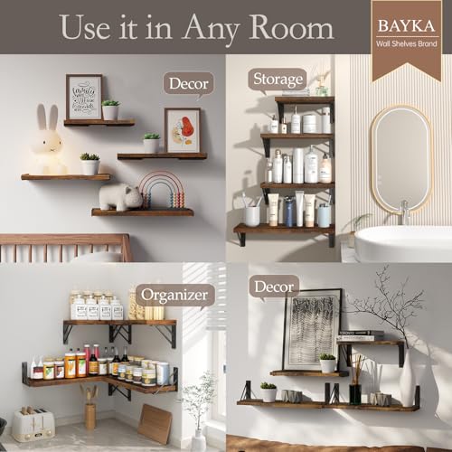 Wall Mounted Floating Shelves Set of 4 - Rustic Brown, 16 Inches - C. Rustic Brown Board & Black Brackets