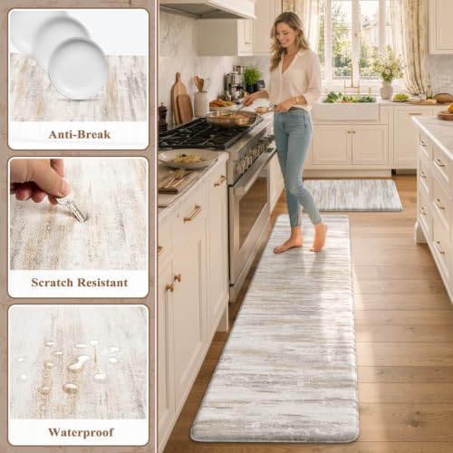 KIMODE Anti-Fatigue Kitchen Mats Set of 2, Farmhouse Abstract Rugs 20x71 + 20x32 inches, Waterproof & Non-Slip Comfort Mats