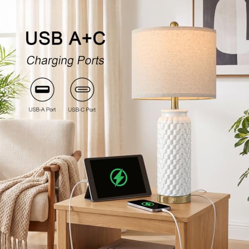 USumkky 25'' Touch Table Lamp - White Ceramic Nightstand Lamp with 3-Way Dimmable, Includes 2 LED Bulbs, Modern Farmhouse Style