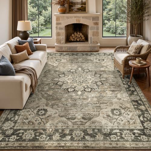 Brown 8x10 Area Rug for Living Room & Bedroom - Washable Non-Slip Vintage Style