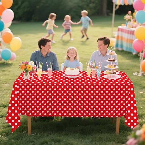 2 Pack Red Polka Dot Tablecloth 54 x 108 Inches - Disposable Plastic Party Cover, Red & White