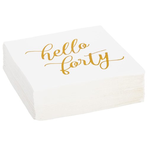 BLUE PANDA 40th Birthday Napkins - 50-Pack, 5 x 5 In Folded, White with Gold Foil Hello Forty Script - 3-Ply Absorbent Disposable Cocktail Napkins for Women & Men