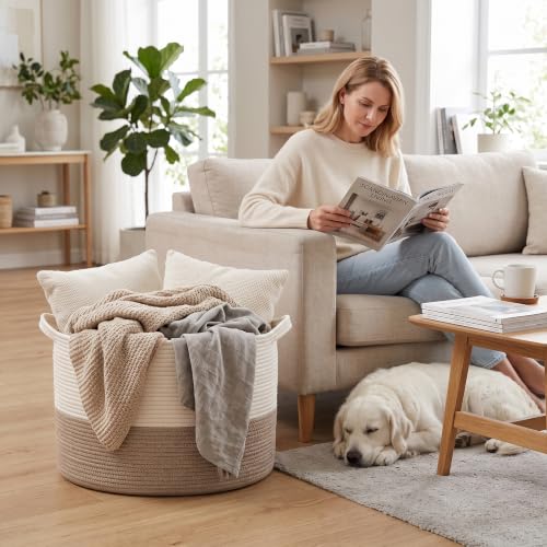 115L Extra Large Woven Laundry Basket - White & Brown, Collapsible Storage