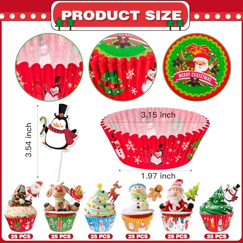Christmas Cupcake Liners with Toppers Picks, Standard Wrappers Cupcake Disposable Baking Cups Muffin Liners for Xmas Holiday Party Favors, Party Decorations for Christmas Baking Supplies