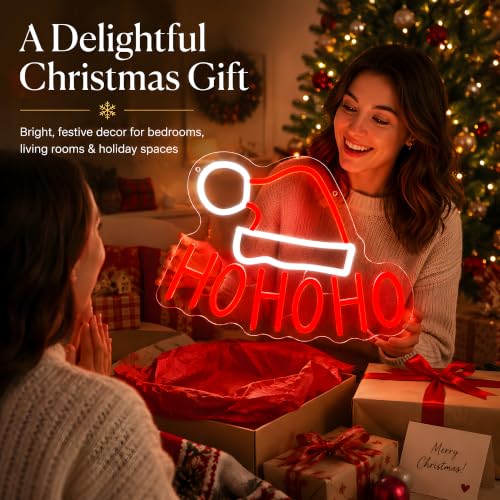HOHOHO Christmas Neon Sign with Santa Hat - USB Powered LED Wall Decor