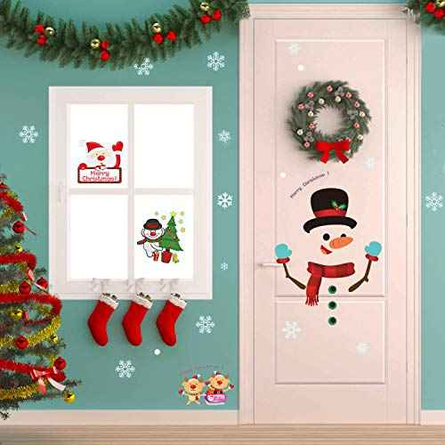 Whaline 64Pcs Christmas Stickers for Refrigerator,Window and Wall,Snowman Snowflakes Christmas Window Clings Decal Stickers,Holiday Xmas Decorations for Fridge, Door, Garage, Office Cabinets(4 Sheets)