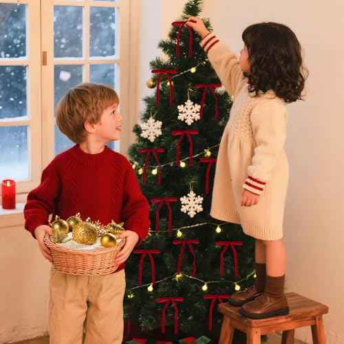 Red Velvet Bows for Christmas Tree, 24 Pcs 5x7 Inch Velvets Ribbon Tree Bows, Velvet Christmas Ornaments for Trees Decorations Wreath Outdoor Indoor