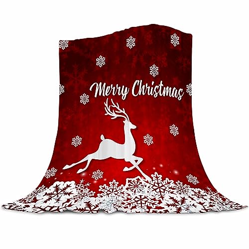 Merry Christmas Red Flannel Fleece Throw Blanket 60x80in with Snowflake Reindeer Print - White