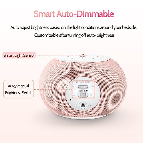 Pink Auto Dimmable Sound Machine Alarm Clock with Night Light for Girls