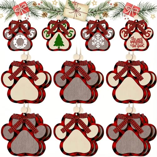 BBTO 12Pcs Dog Paw Ornaments Christmas Tree Wood Decor Red Black Brown