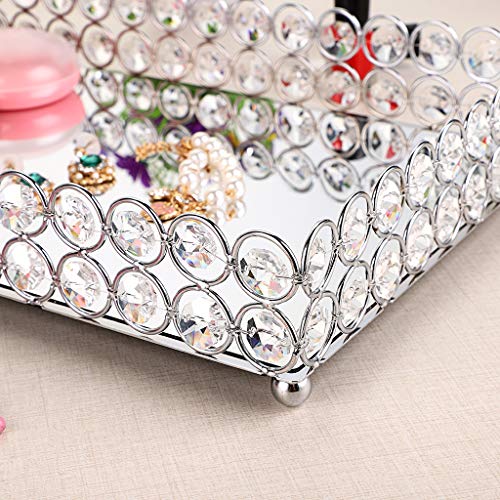 Hipiwe Crystal Mirror Perfume Tray Large Silver 13.8" x 7.9" Vanity Organizer