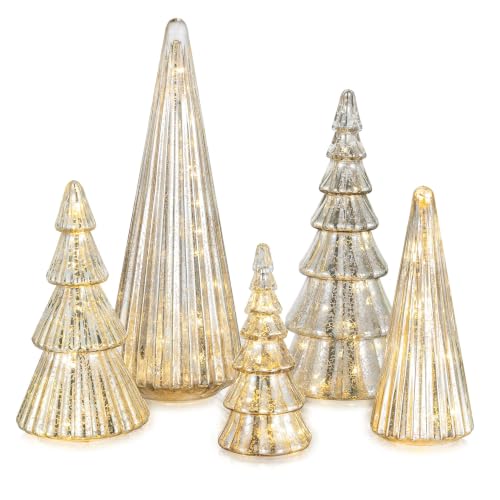 Glass Christmas Tree Set - Silver Mercury Finish, 5 Pcs Hand-Blown Holiday Decor