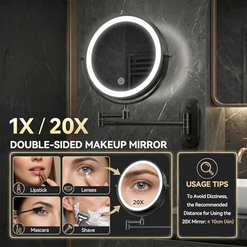 Auxmir Wall Mounted Makeup Mirror 8 Inch 20X Magnification, Rechargeable, Black, 9.2"L x 12"W