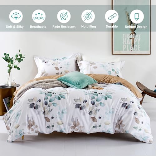 King White Brown Floral Green Leaves Duvet Cover Set 3pcs - No Comforter