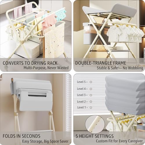 Portable Baby Changing Table with Wheels - Grey, 5-Level Adjustable Height & Large Storage