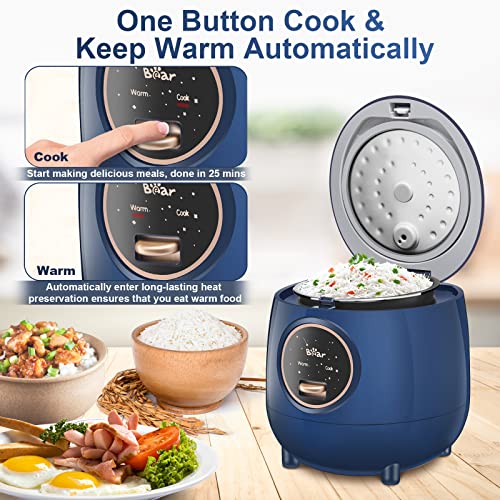 Bear 1.2L Blue Mini Rice Cooker with One-Button Control, Nonstick, Keep Warm