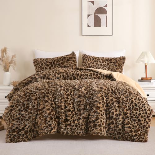 Bolder Cheetah Faux Fur Comforter Set Full Size 3 Pieces - Brown