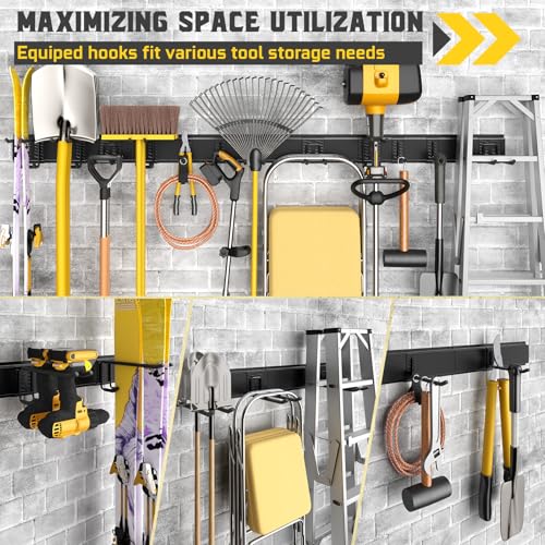 96-Inch Garage Tool Organizer Wall Mount with 15 Adjustable Hooks, Heavy Duty Storage Rack