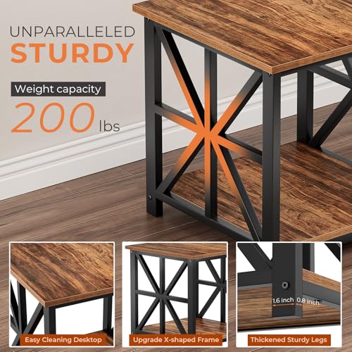 GreenForest Walnut 24-Inch Large End Table with X-Shaped Metal Frame, 2-Tier Storage