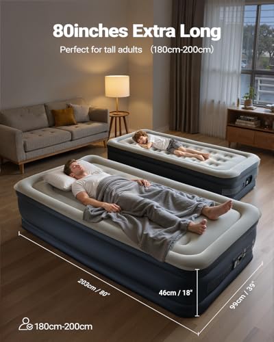 Grey Twin XL Air Mattress with Built-In Pump, 80-Inch Long, Raised Support