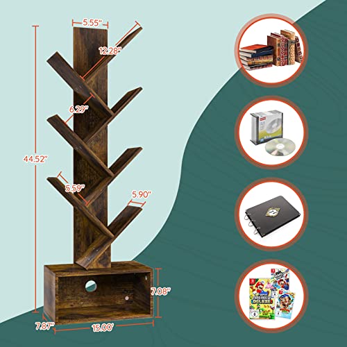 Yoobure Rustic Brown 6 Shelf Tree Bookshelf - Tall Wooden Book Storage Rack
