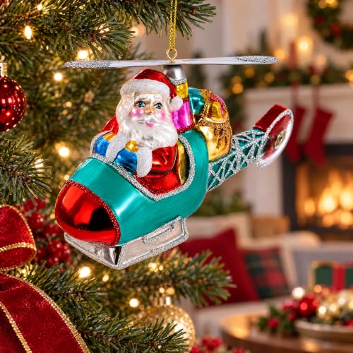 Santa’s Gift Delivery Helicopter Glass Christmas Ornament - Handcrafted Holiday Decor