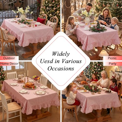 Meioro Red Striped Ruffled Tablecloth 86x55 Inch Cotton Blend Holiday Dining