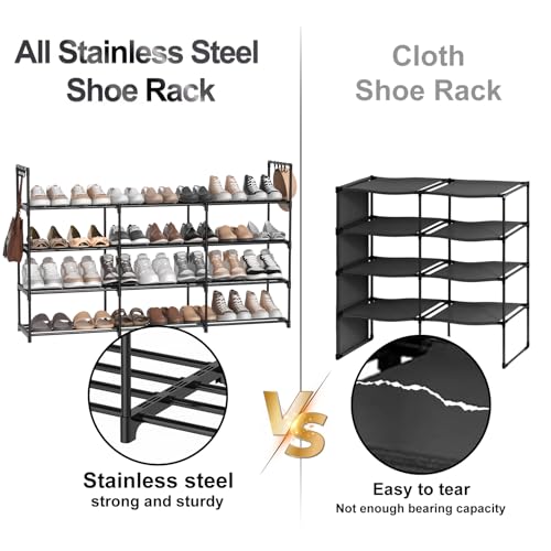 3 Row 4 Tier Shoe Rack - Stackable Metal Shoe Organizer with Hooks, Holds 24-30 Pairs - Space Saving Closet Storage - Black - Variation of THIS listing