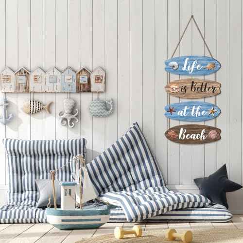 4pcs Beach Bathroom Wall Decor, Blue Wooden Surfboard Coastal Hanging Plaques Inspirational Quote Signs Ornaments for Bedroom Living Room 11.4x3.9 in
