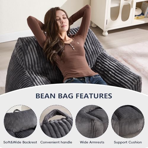 Dark Grey Plush Large Bean Bag Chair for Adults with Armrests & Back Support