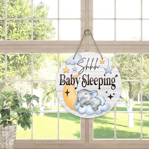 Shhh Baby Sleeping Front Door Sign, Elephant Moon Cloud Stars Wood Door Hanger Nursery Kids Bedroom Decor, Infant Toddler Baby Boy Girl Room Rustic Wooden Wreath Indoor Wall Hanging Decoration